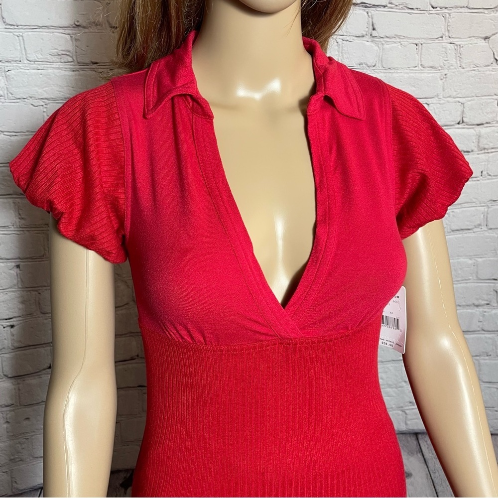 NWT New Free People Molly Red Ribbed Short Sleeve Surplice Top Size XS - Picture 14 of 15